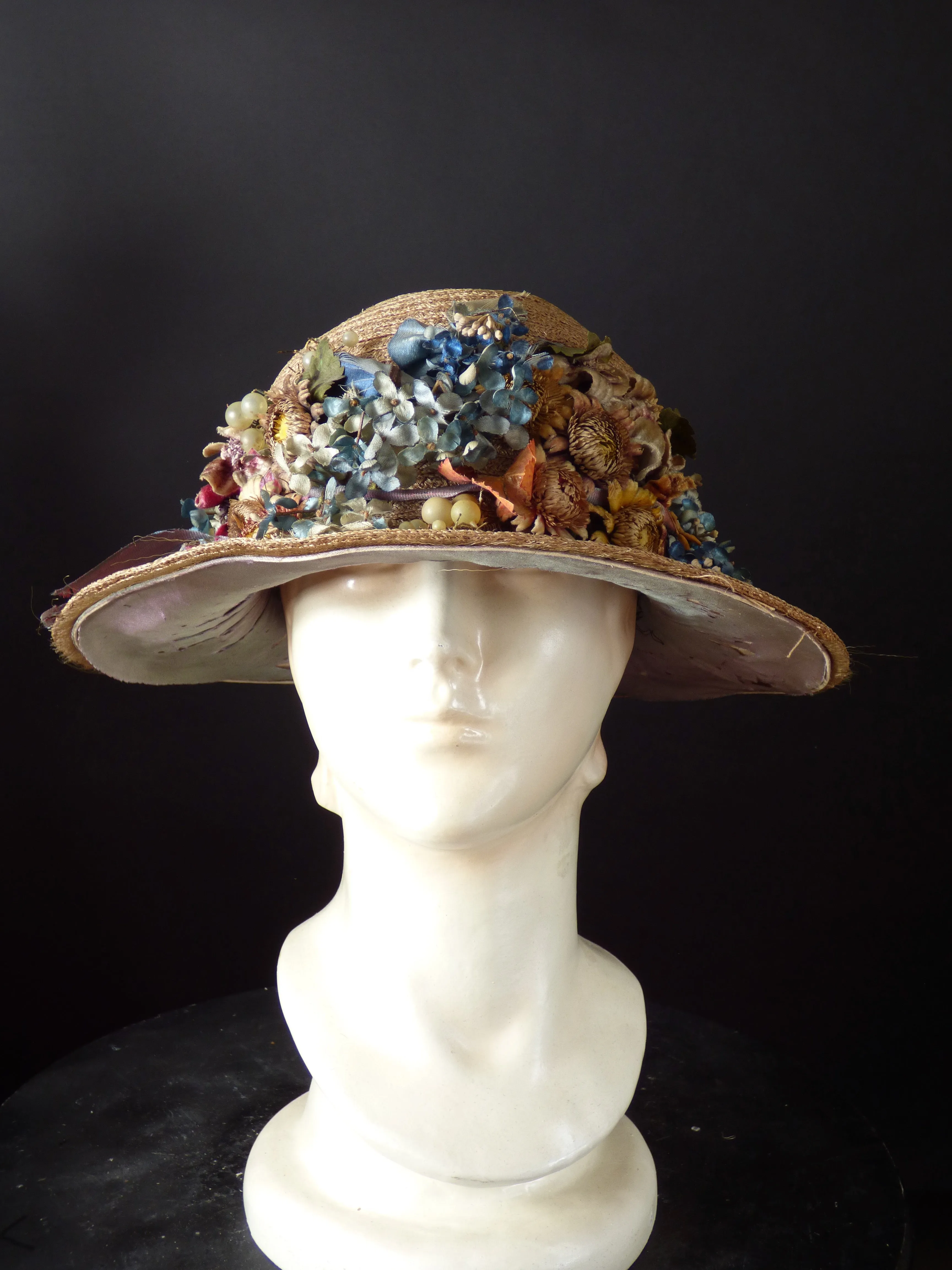 1918 Taupe Straw & Flower Hat