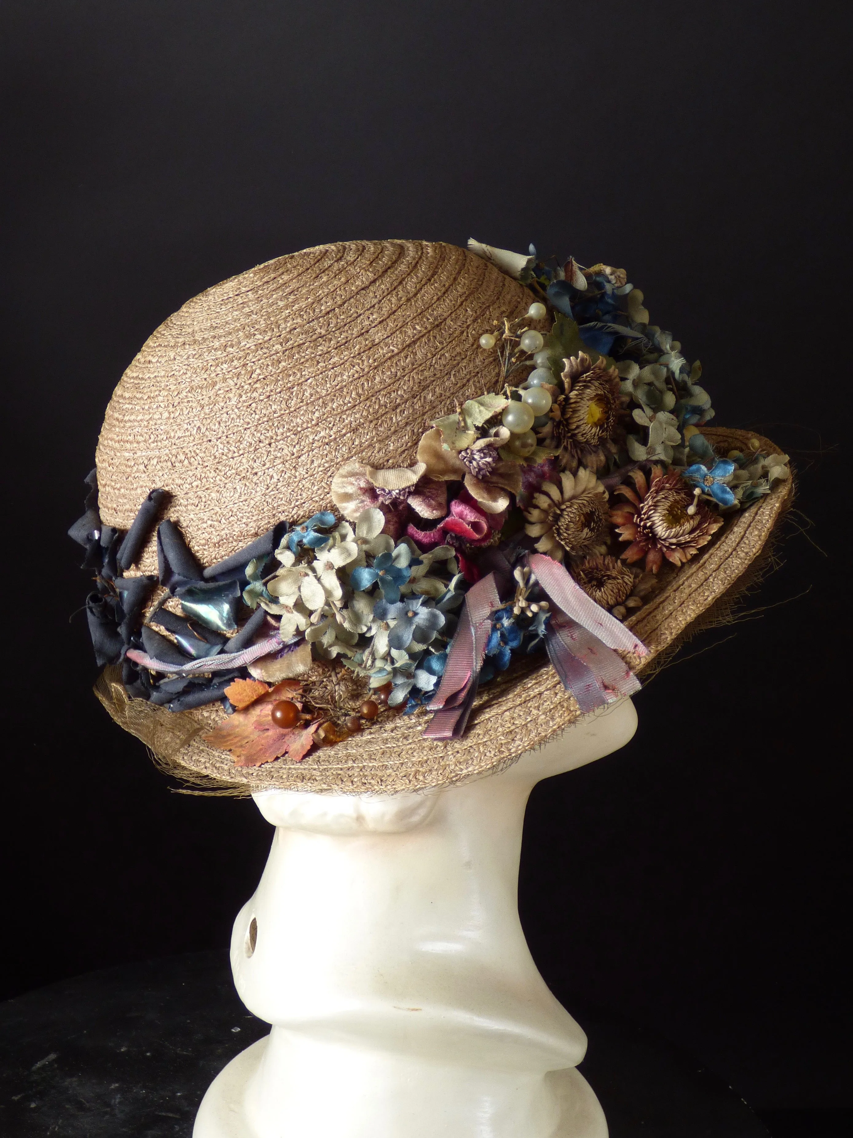 1918 Taupe Straw & Flower Hat