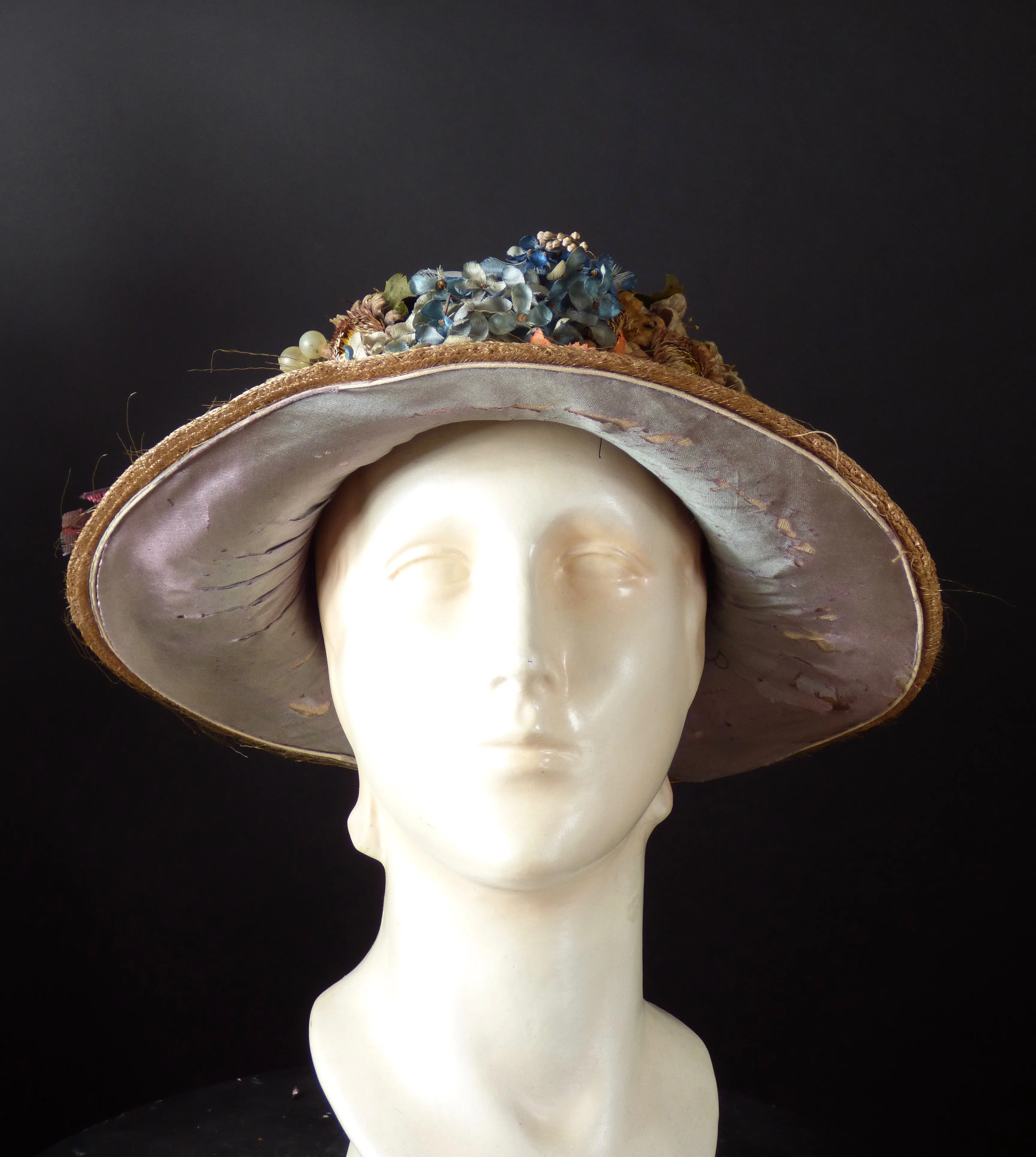 1918 Taupe Straw & Flower Hat