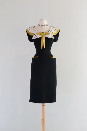 1950's Bee's Knees Black & Yellow Polka Dot Wiggle Dress / Medium