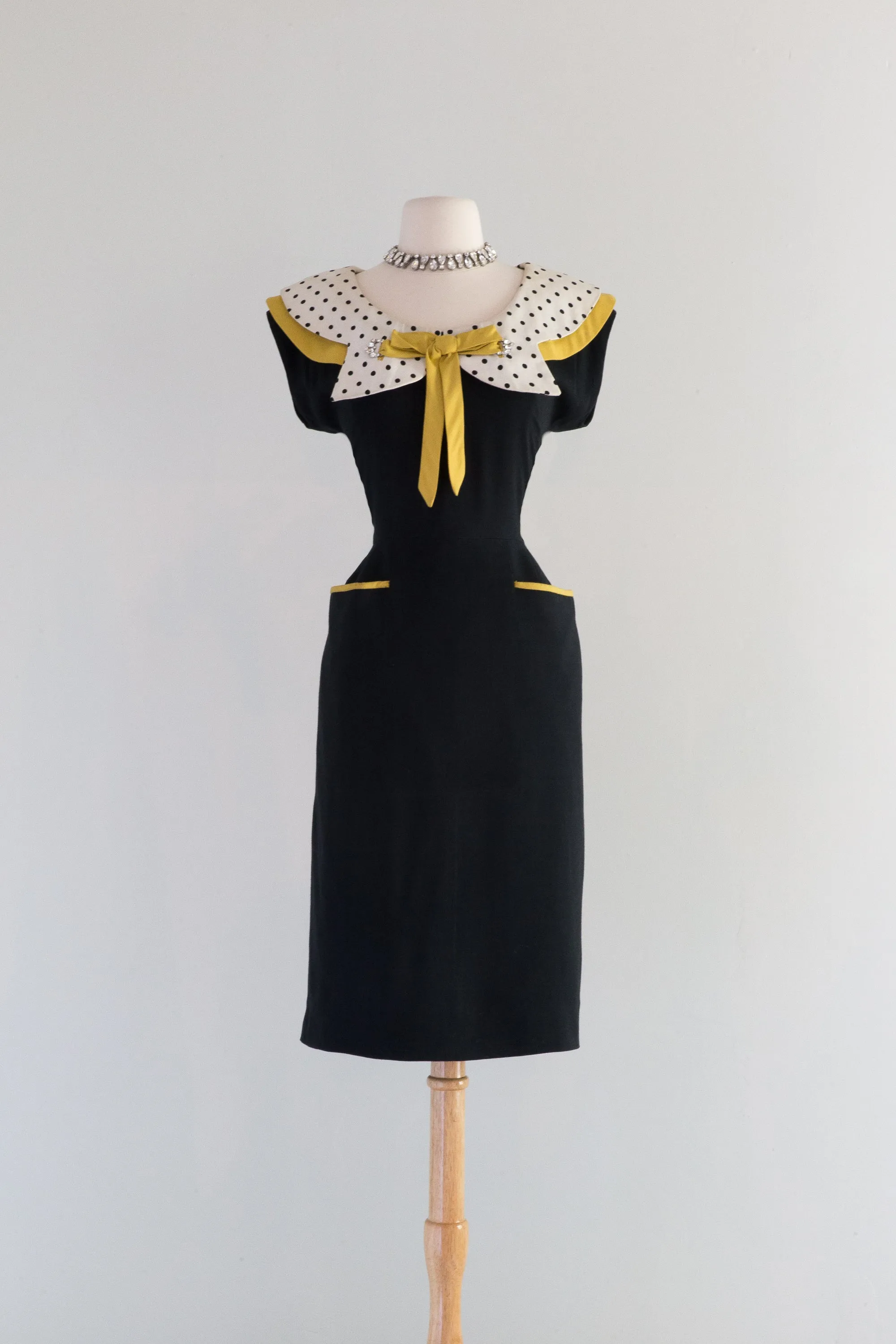 1950's Bee's Knees Black & Yellow Polka Dot Wiggle Dress / Medium