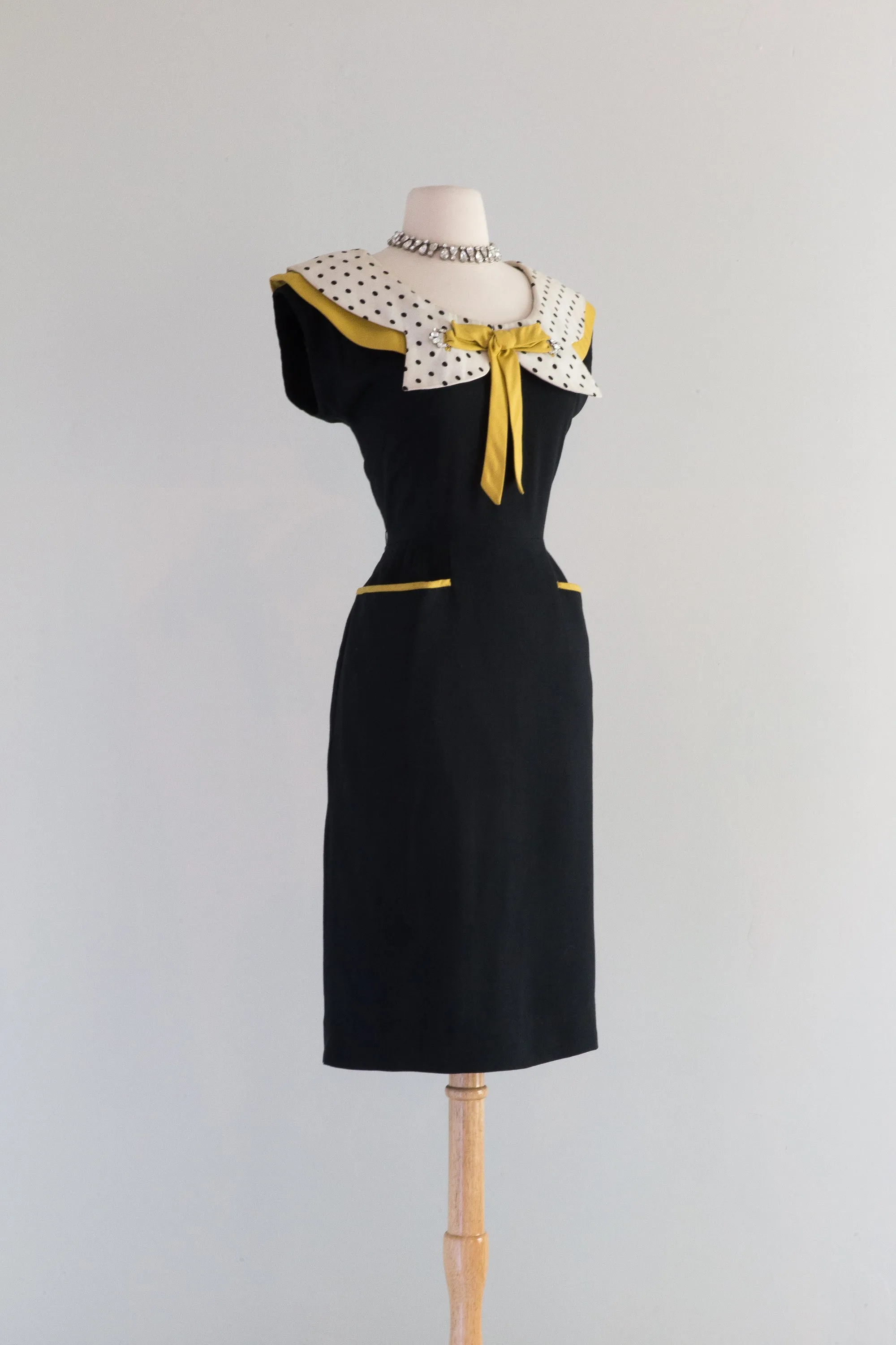 1950's Bee's Knees Black & Yellow Polka Dot Wiggle Dress / Medium