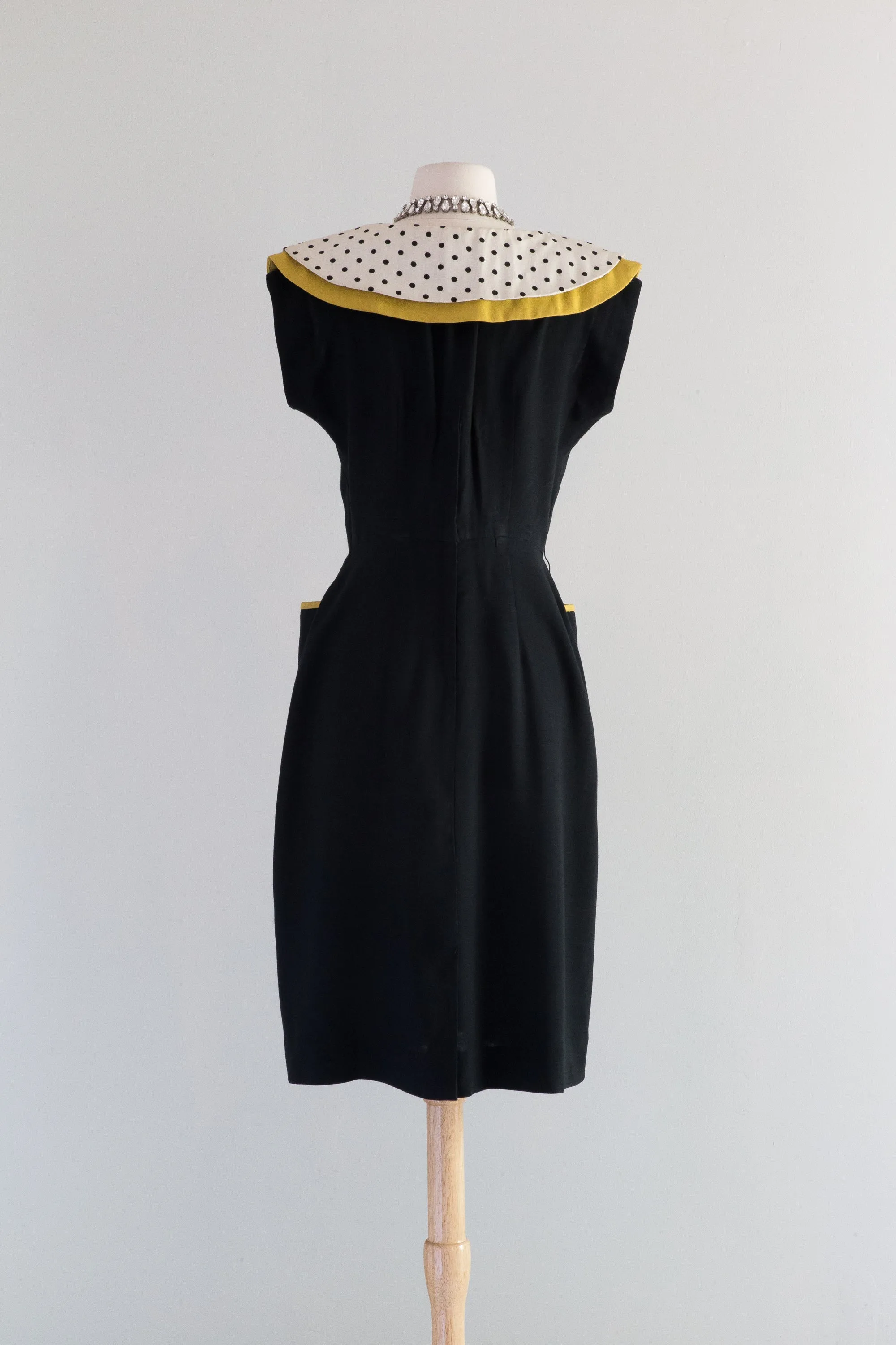 1950's Bee's Knees Black & Yellow Polka Dot Wiggle Dress / Medium