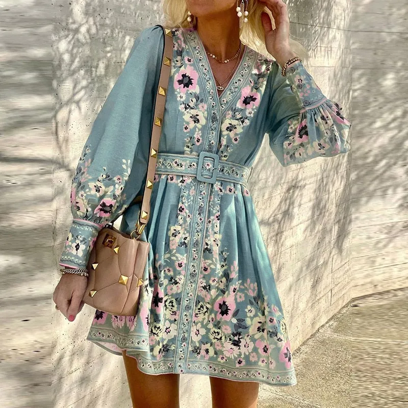 2022 Autumn New Women Long Sleeve V-neck Casual Dress Fashion Single Breasted Belt Print Dresses Female A-line Retro Clothing