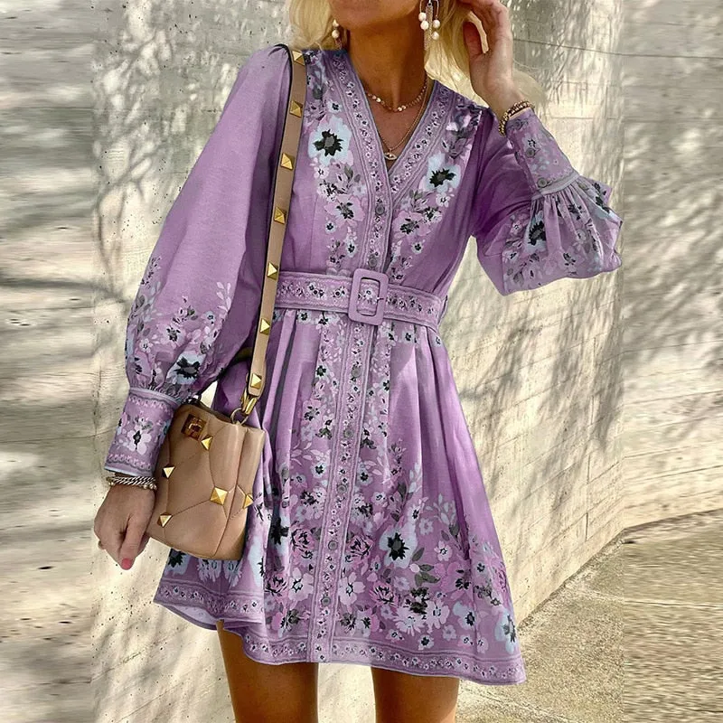 2022 Autumn New Women Long Sleeve V-neck Casual Dress Fashion Single Breasted Belt Print Dresses Female A-line Retro Clothing