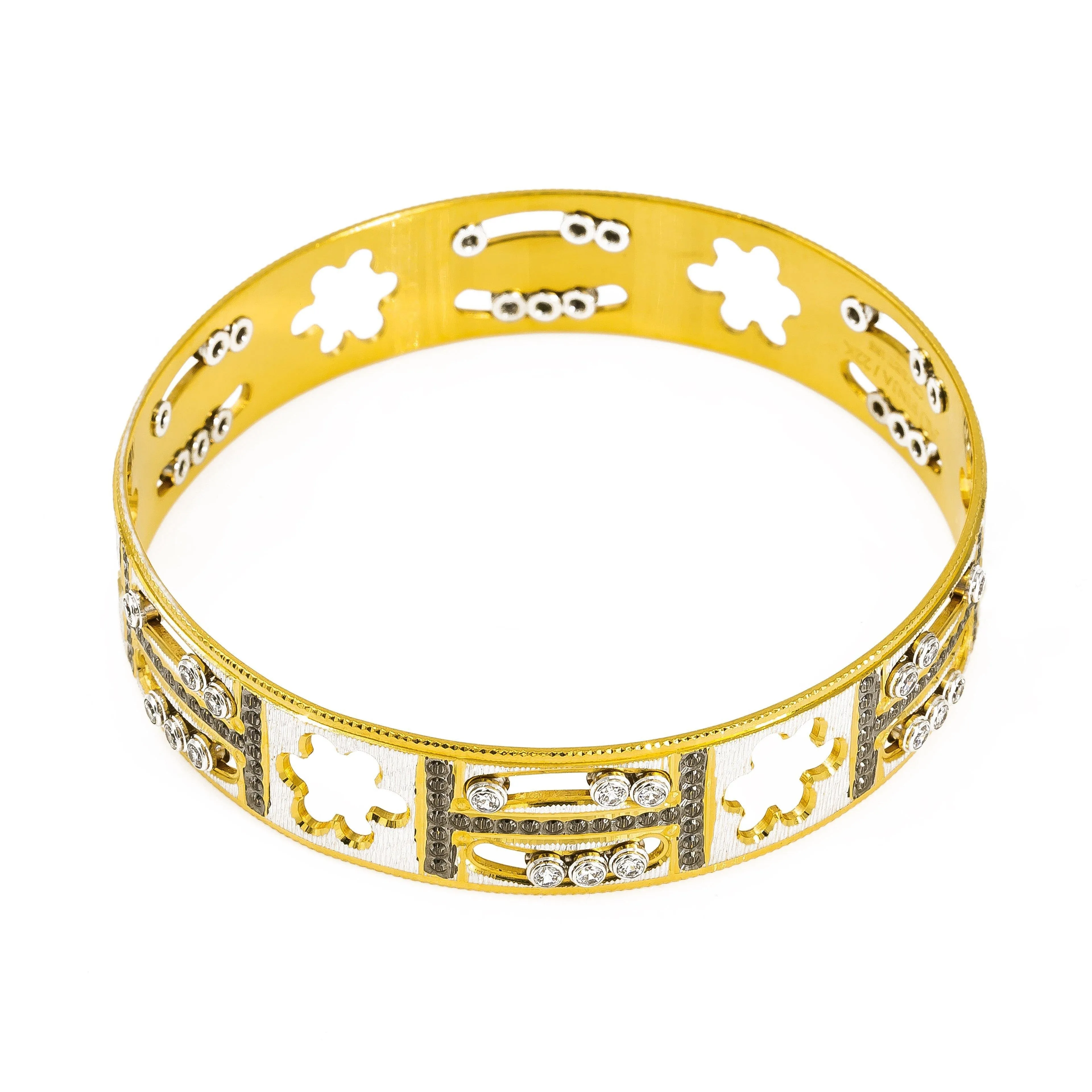 22K Yellow Gold Bangle W/ Cloud Cut-Outs & Black CZ Encrusted H Design