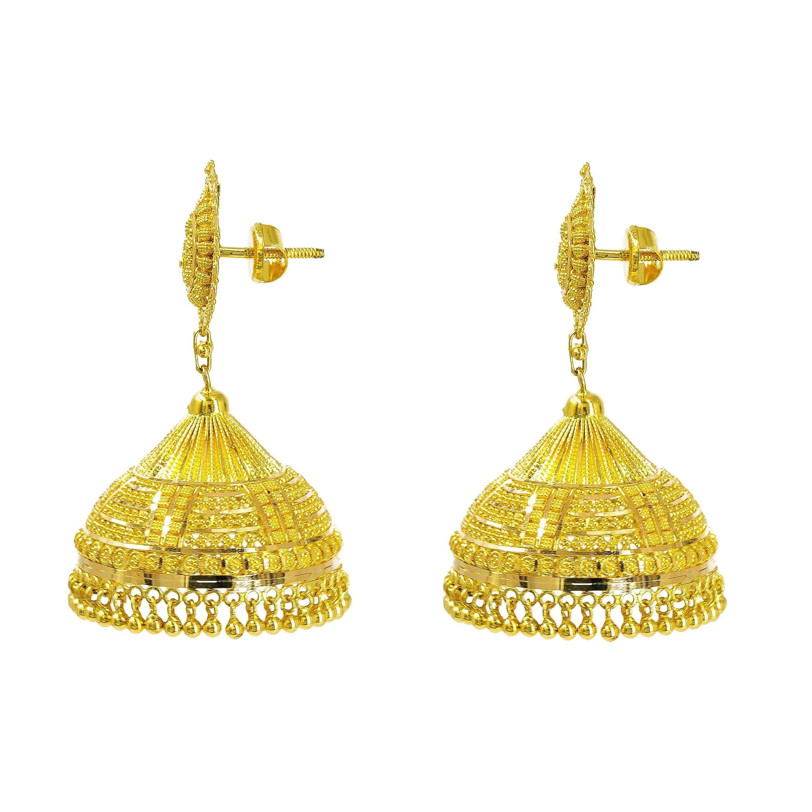 22K Yellow Gold Jhumki Earrings W/ Butta & Detailed Engravings on Mango Pendant