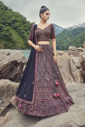 30Z274-RO Navy Embroidered Lehenga with Dupatta