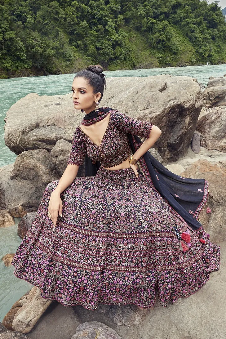 30Z274-RO Navy Embroidered Lehenga with Dupatta