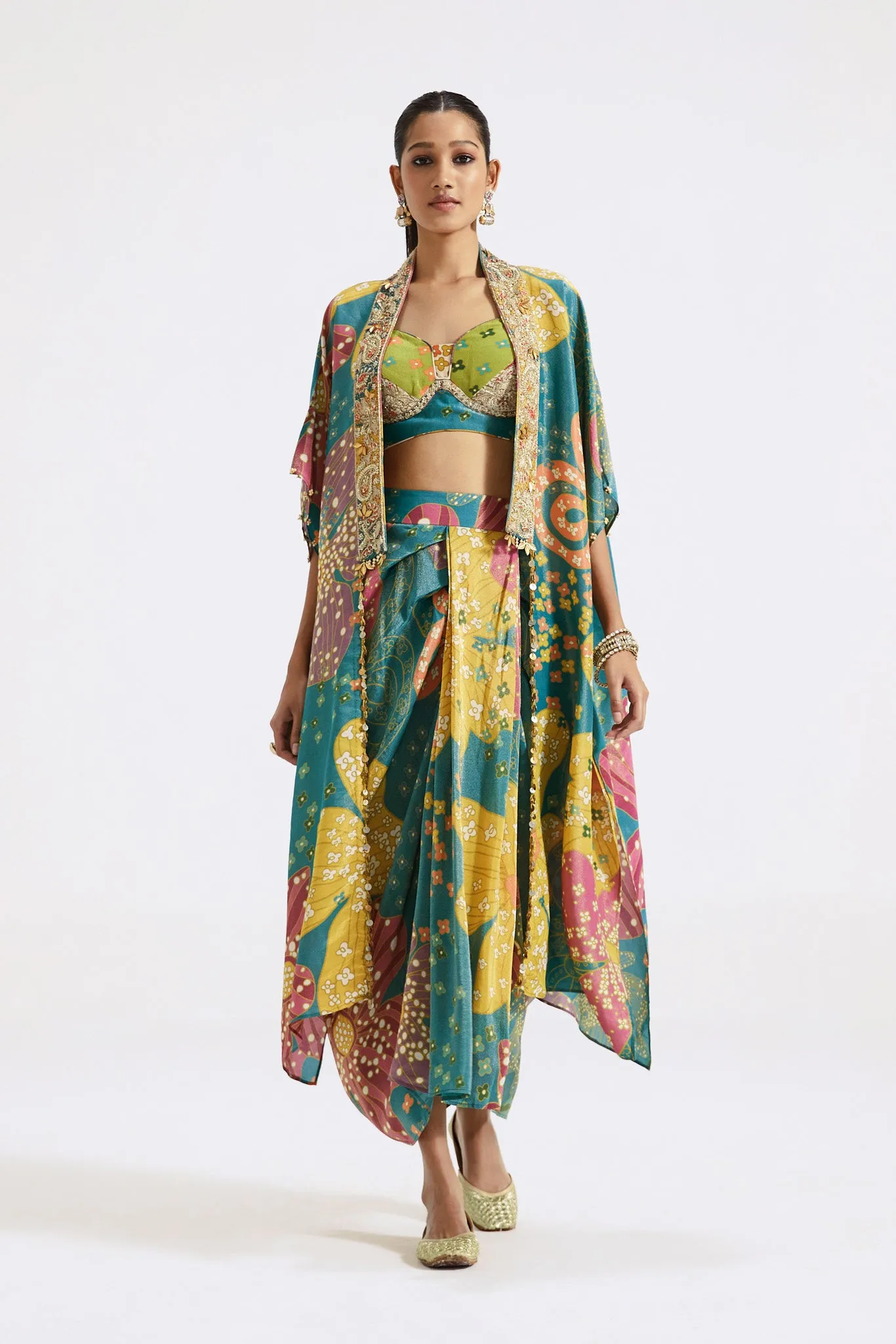 30Z372-RO Multicolor Print Tissue Draped Skirt Set with Cape