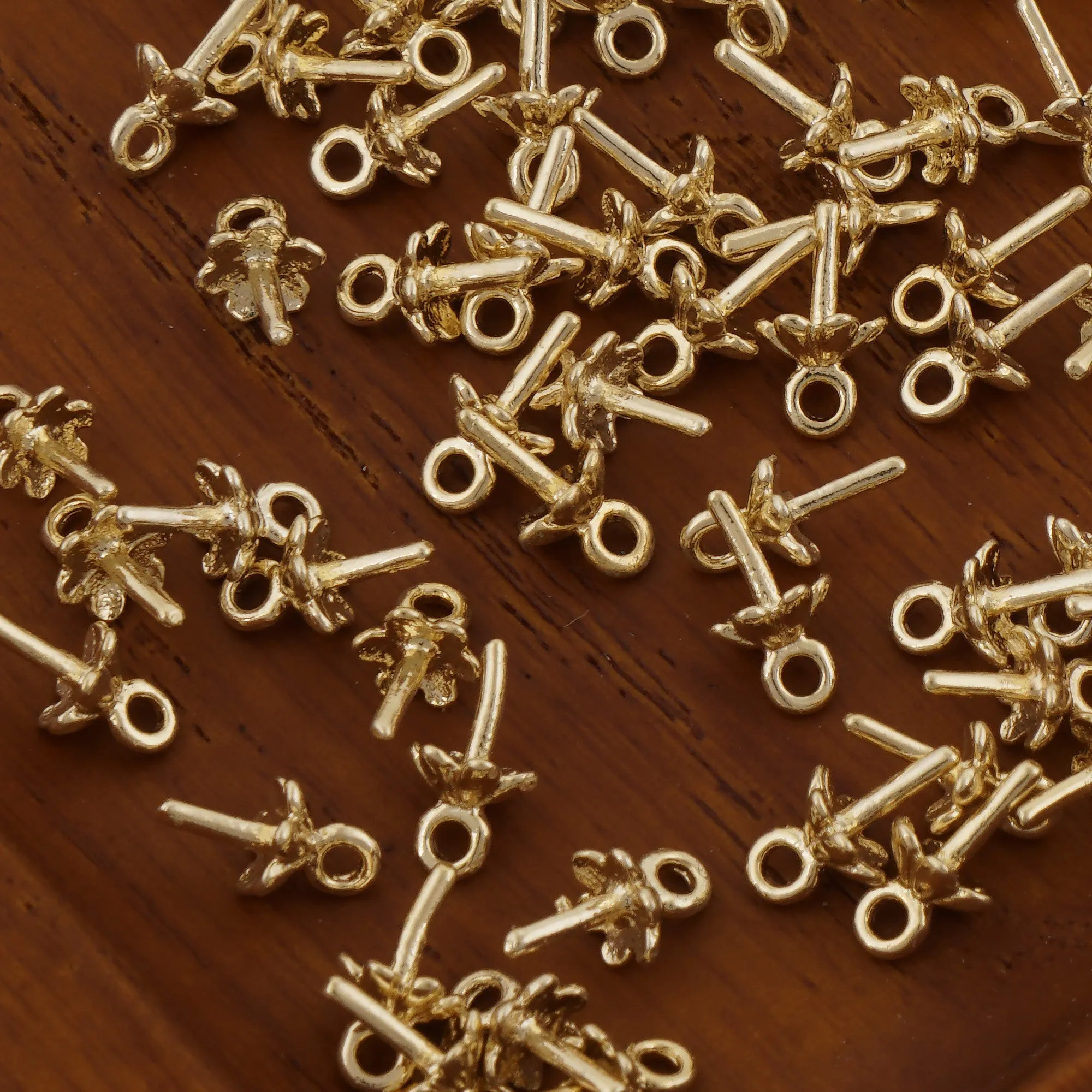 50PCS 4mm/6mm 14k gold filled flower bead caps with peg for half drilled beads Connector Link Ring Pearl jewelry making findings 104071