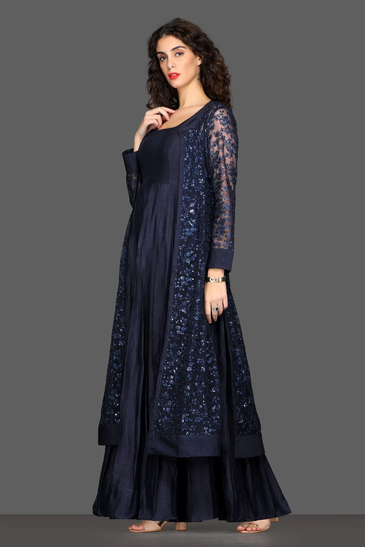 50Z114-RO Navy Blue Maxi Dress with Long Embroidered Shrug