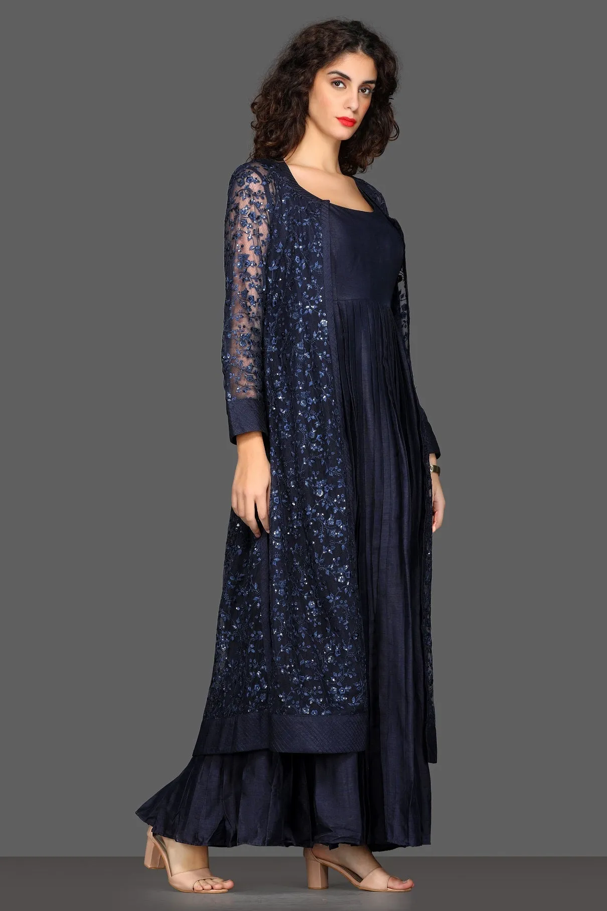 50Z114-RO Navy Blue Maxi Dress with Long Embroidered Shrug