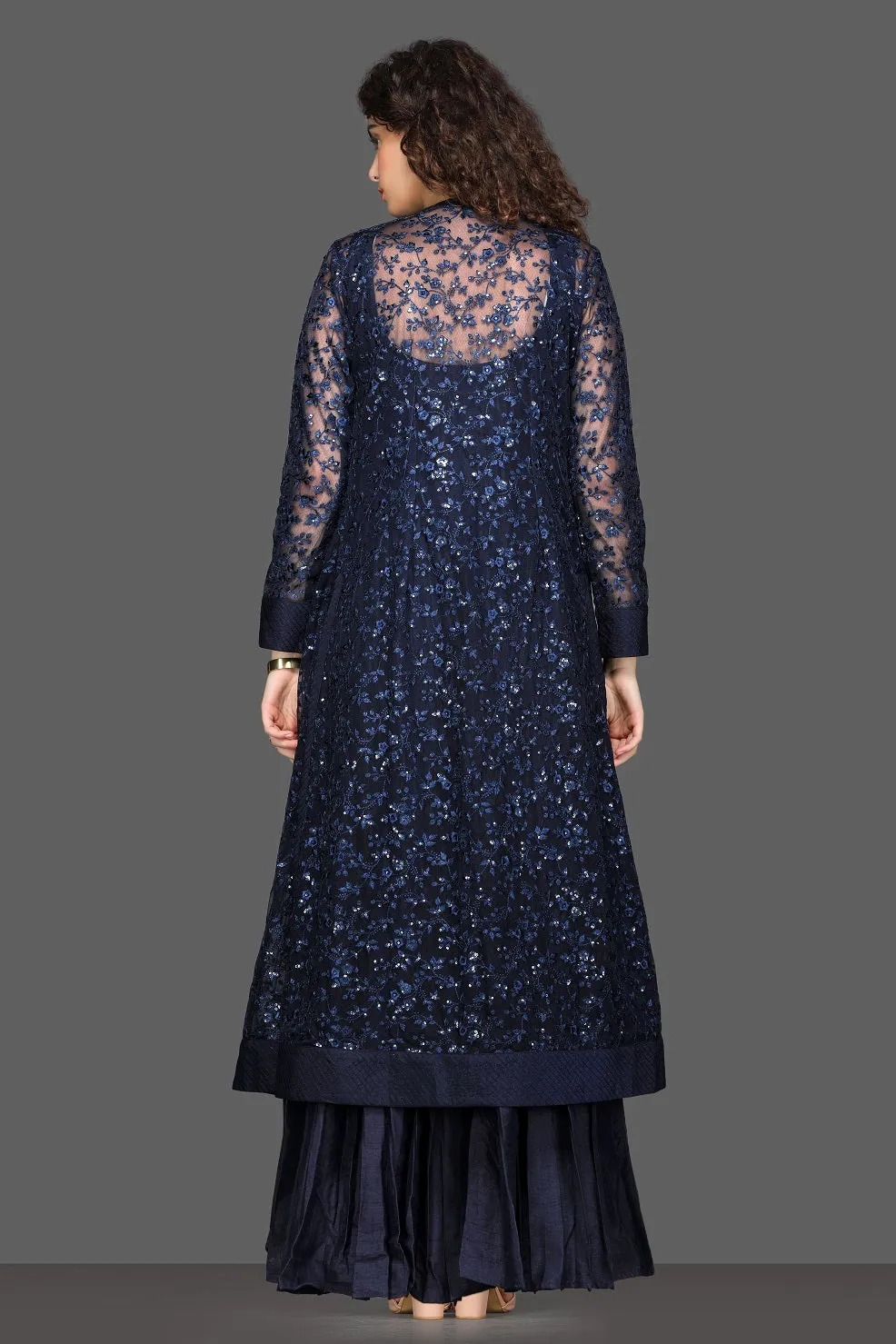 50Z114-RO Navy Blue Maxi Dress with Long Embroidered Shrug