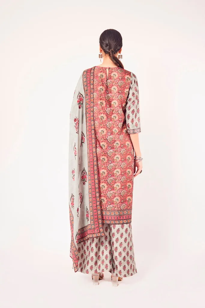 50Z661-RO Pink Printed Satin Suit with Dupatta