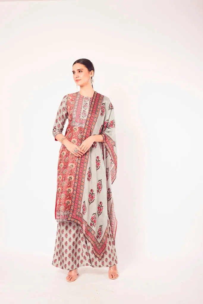 50Z661-RO Pink Printed Satin Suit with Dupatta