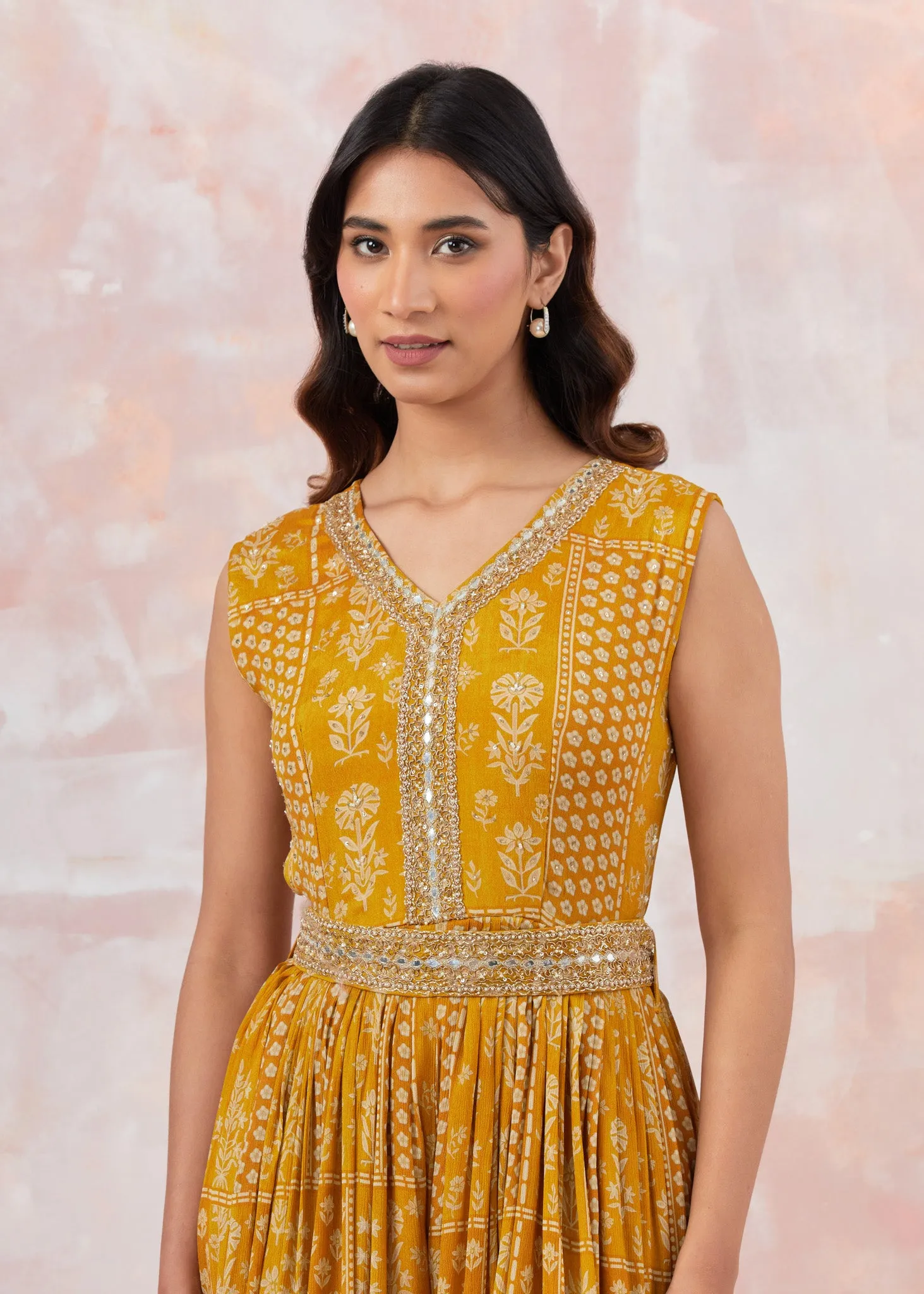 50Z857-RO Yellow Jumpsuit With Embroidered Belt