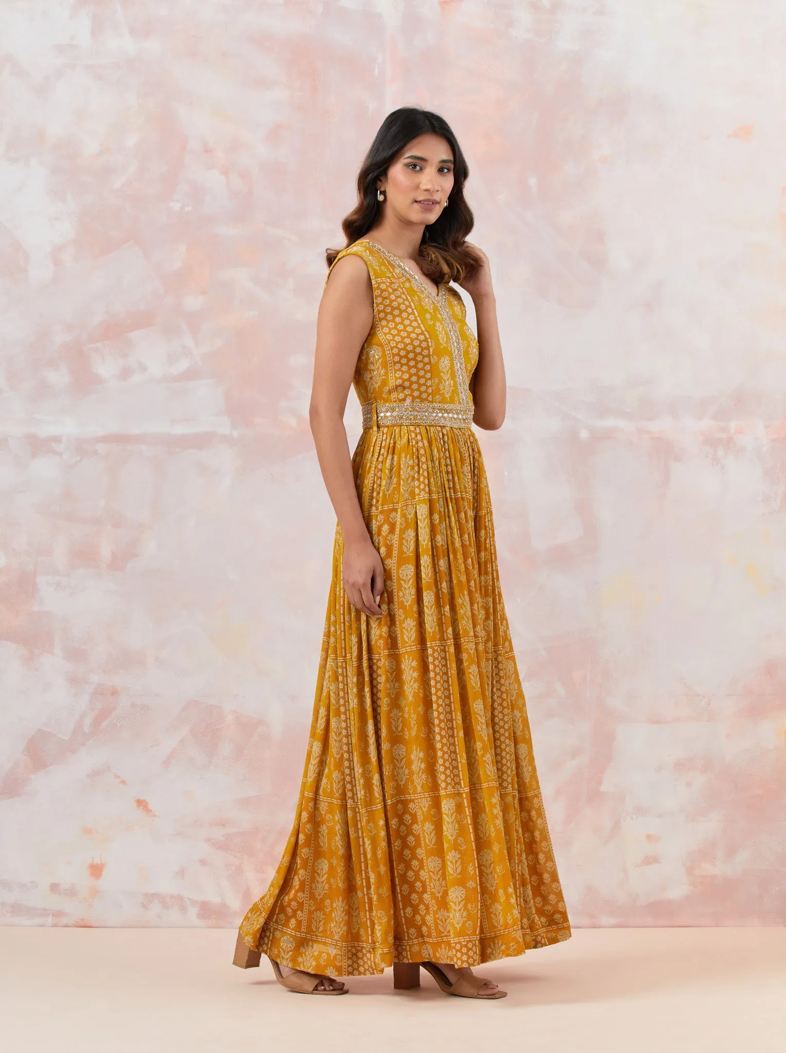 50Z857-RO Yellow Jumpsuit With Embroidered Belt