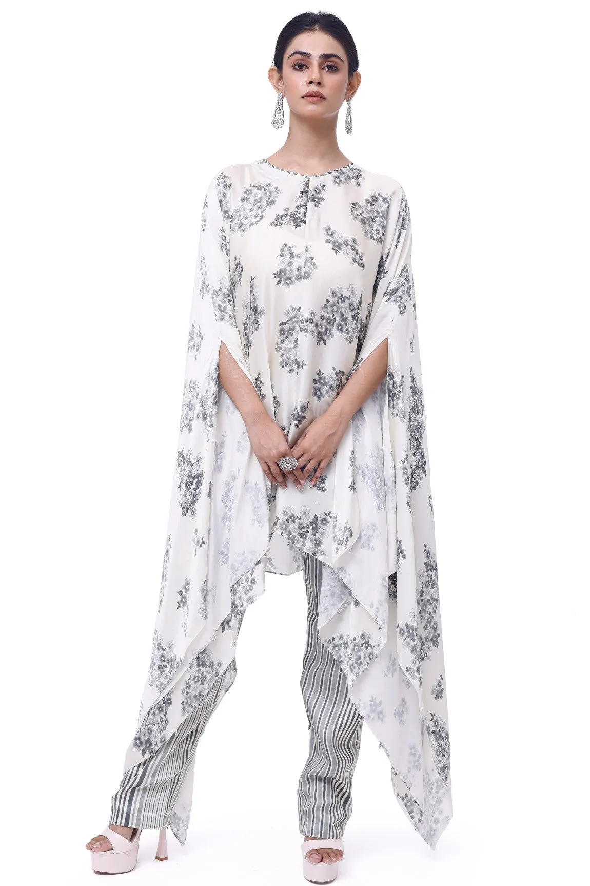 50Z927-RO Off-White and Grey Floral Satin Pant Set