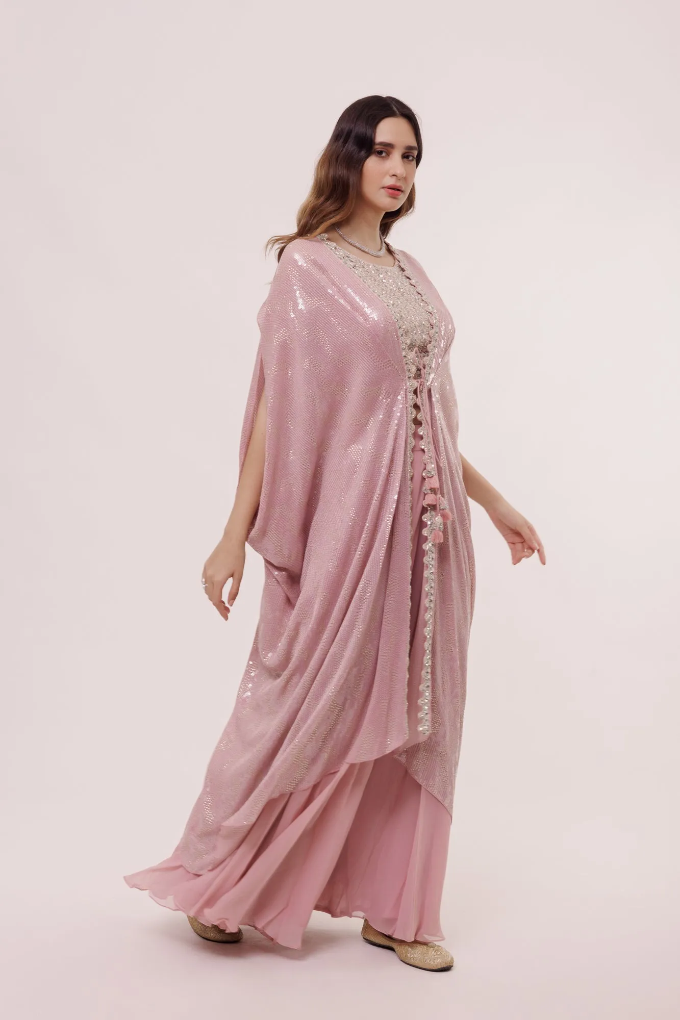 50Z931-RO Dusty Pink Palazzo Set with Drape