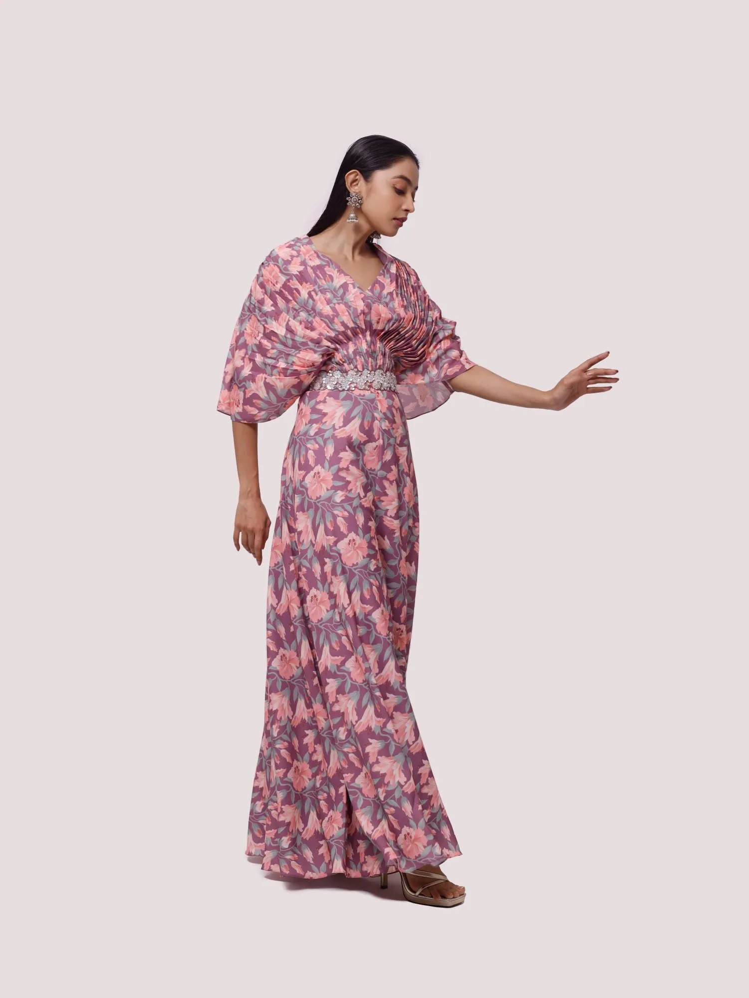 50Z942-RO Lilac Printed Jumpsuit with Butterfly Sleeves