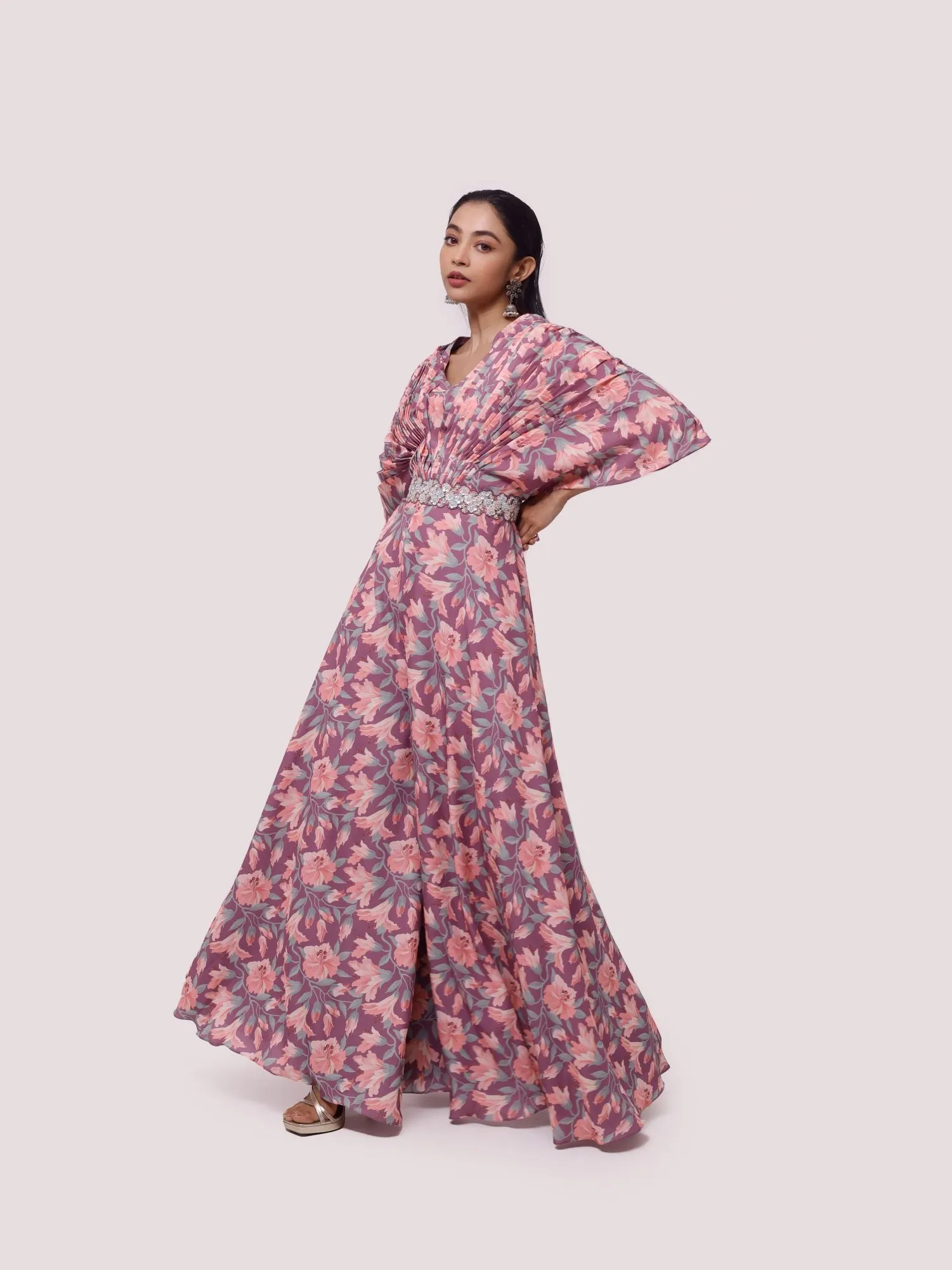 50Z942-RO Lilac Printed Jumpsuit with Butterfly Sleeves