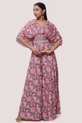 50Z942-RO Lilac Printed Jumpsuit with Butterfly Sleeves