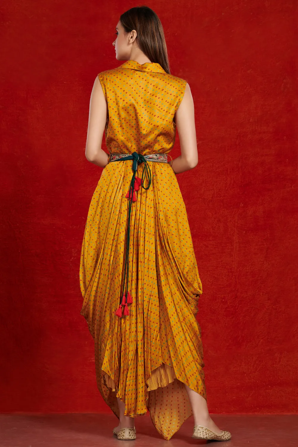 50Z996-RO Mustard Printed Satin Harem Jumpsuit with Embroidered Belt