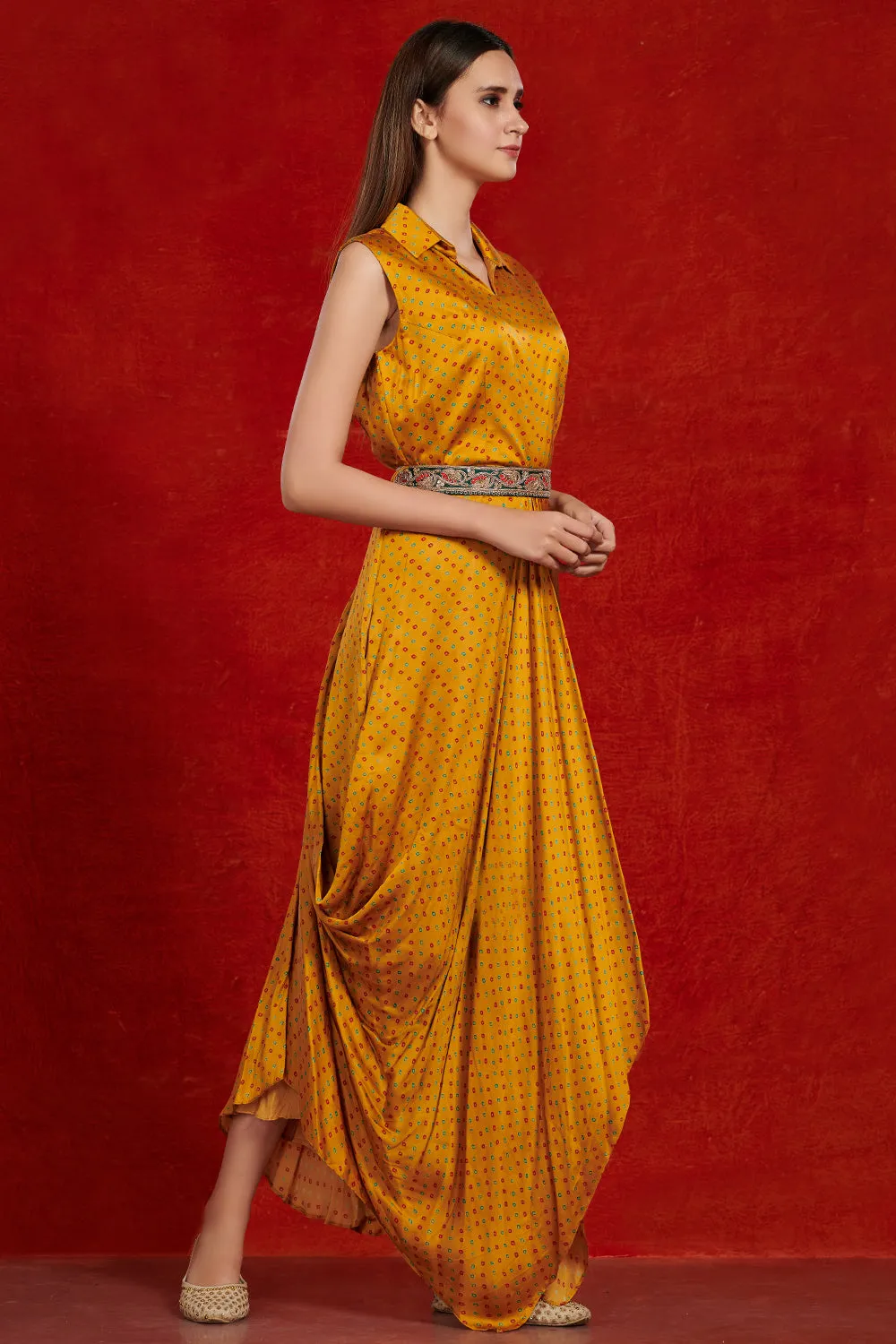 50Z996-RO Mustard Printed Satin Harem Jumpsuit with Embroidered Belt