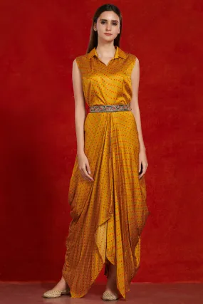 50Z996-RO Mustard Printed Satin Harem Jumpsuit with Embroidered Belt