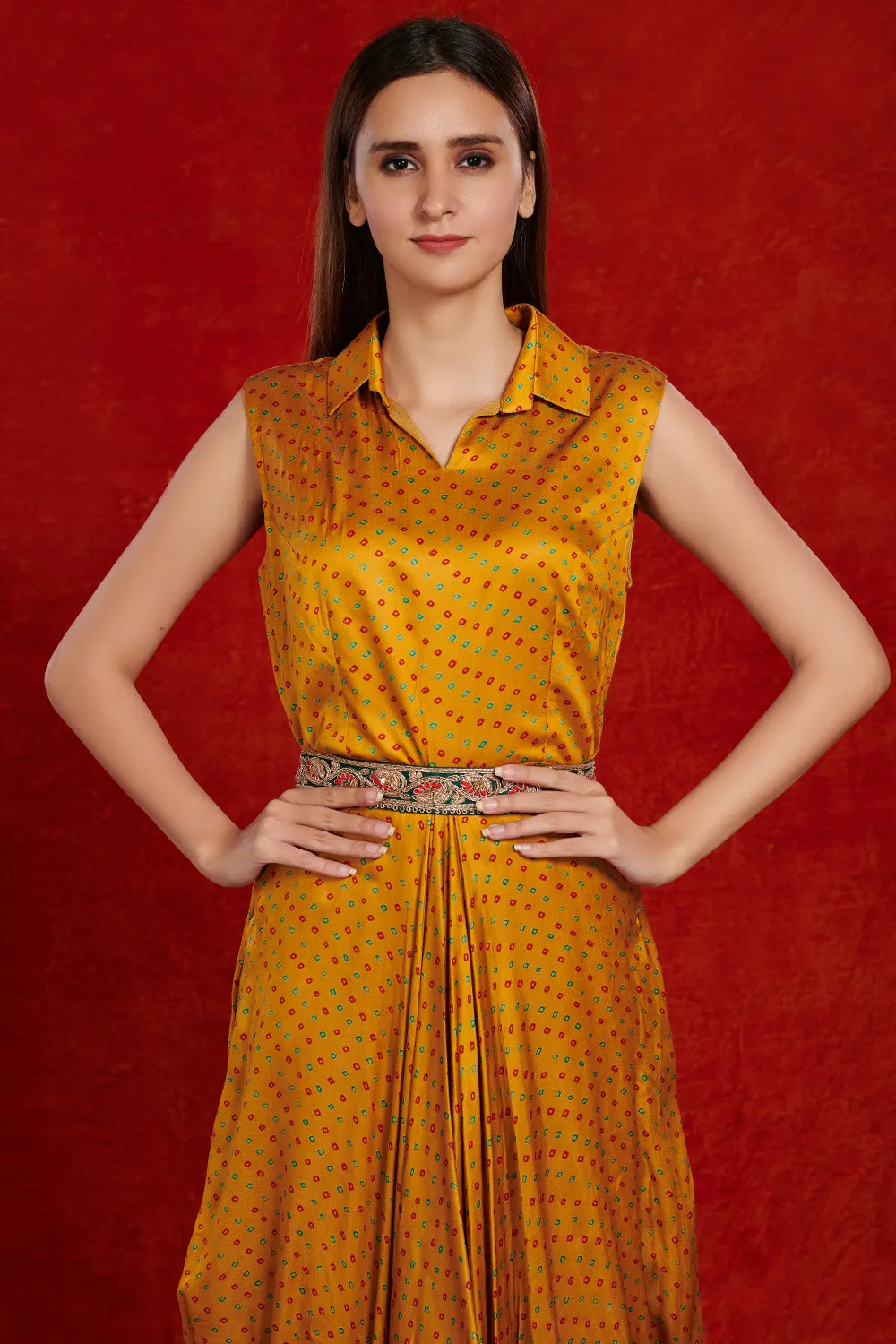 50Z996-RO Mustard Printed Satin Harem Jumpsuit with Embroidered Belt