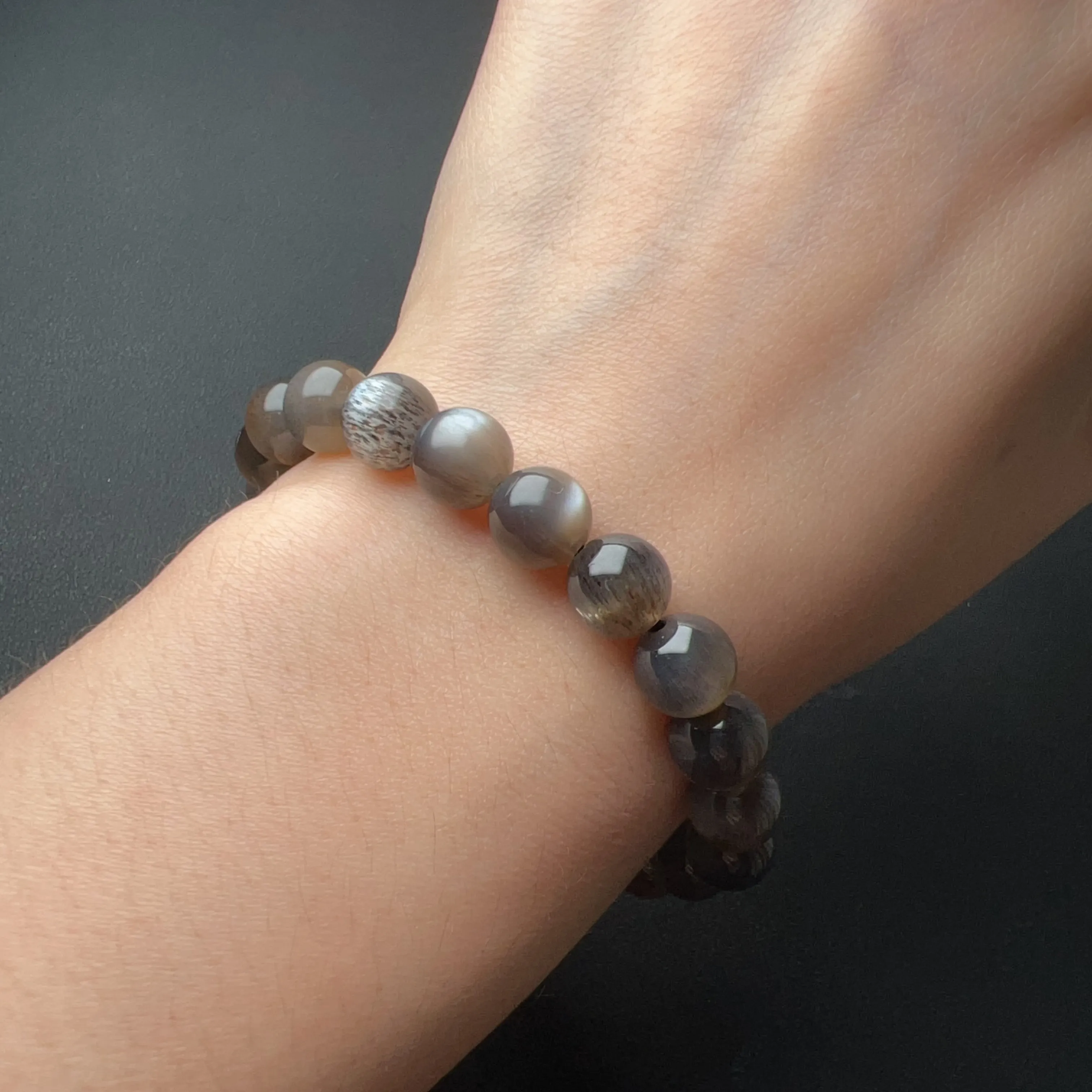 8.7mm High-quality Black Golden Skeleton with Sunstone Inclusion Crystal Bracelet | Handmade Root and Sacral Chakra Healing Crystal Jewelry