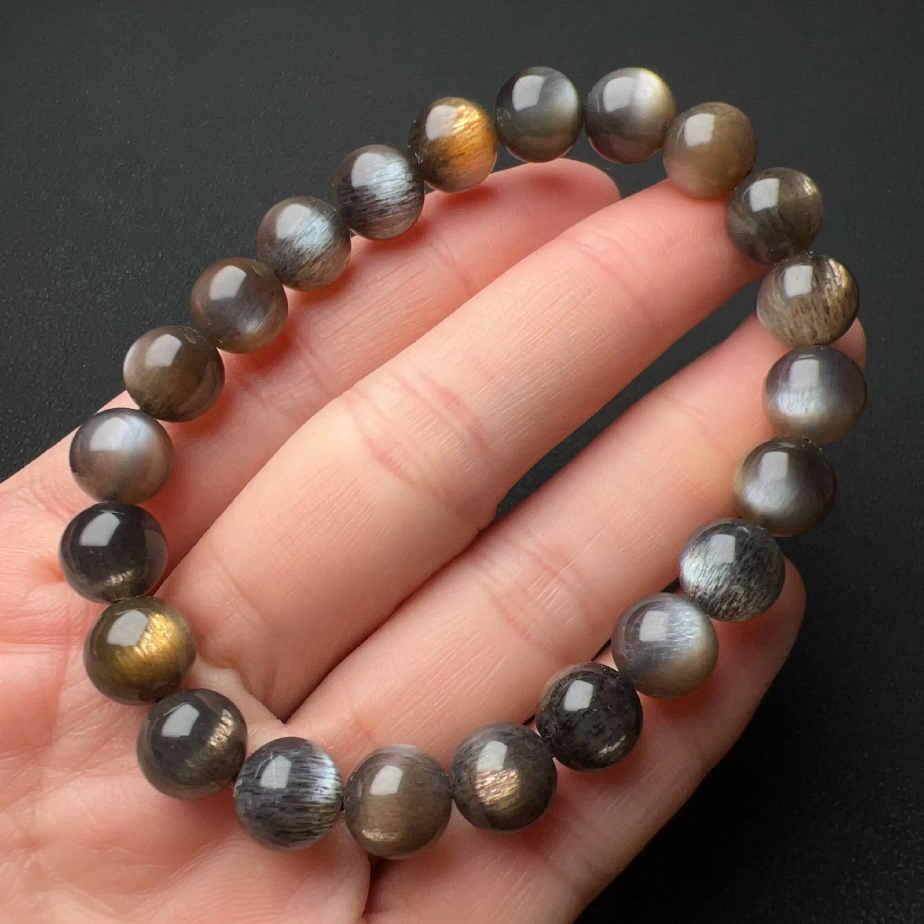 8.7mm High-quality Black Golden Skeleton with Sunstone Inclusion Crystal Bracelet | Handmade Root and Sacral Chakra Healing Crystal Jewelry