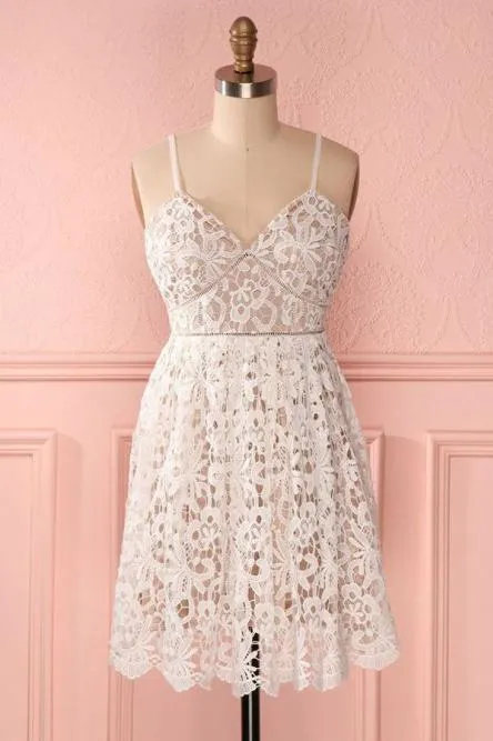 A Line Spaghetti Straps Short Lace Ivory V Neck Homecoming Dress Short Prom Dresses