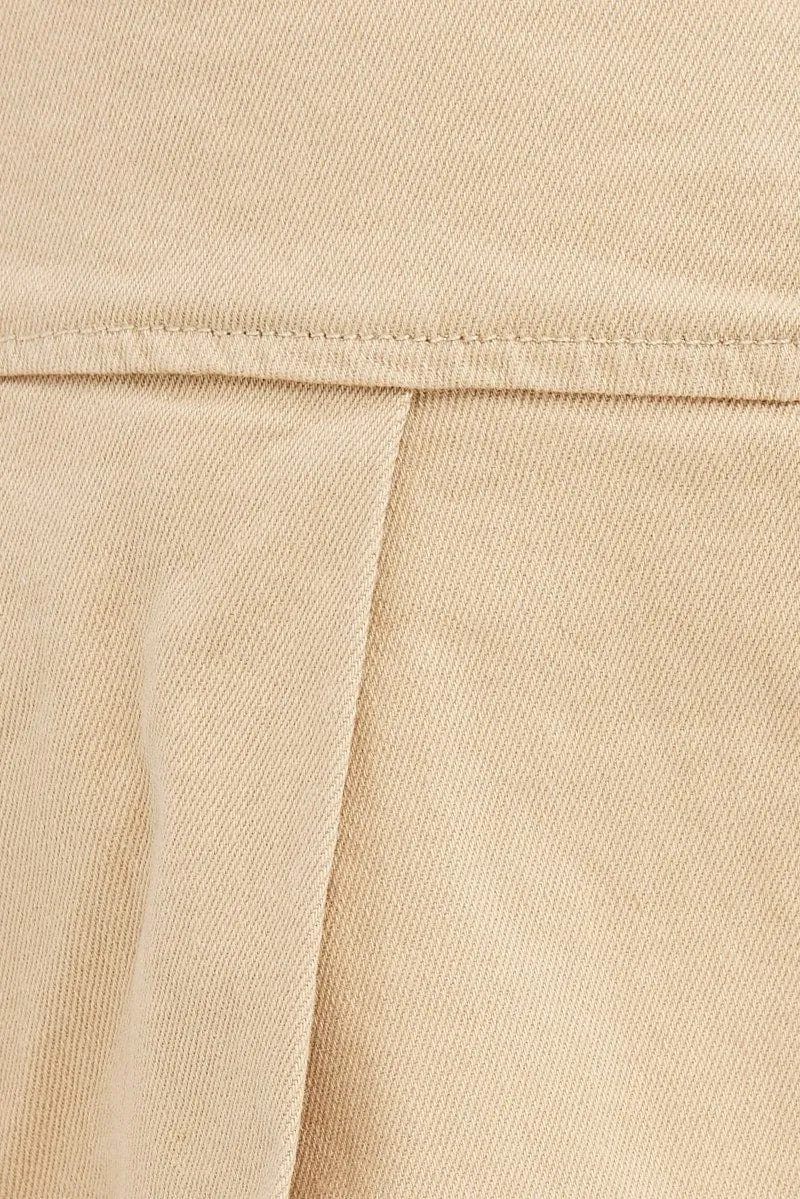 Beige Micro Mini Skirt Low Rise Pleated Cargo Lined