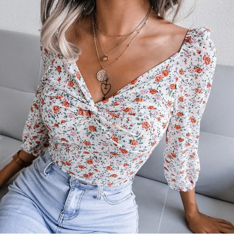 BerriesJam - 2024 V Neck Knotted Floral Chiffon Long Sleeve Blouse