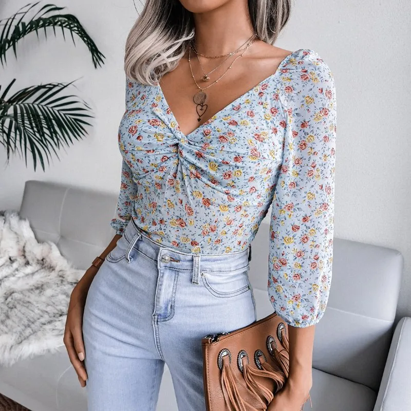 BerriesJam - 2024 V Neck Knotted Floral Chiffon Long Sleeve Blouse