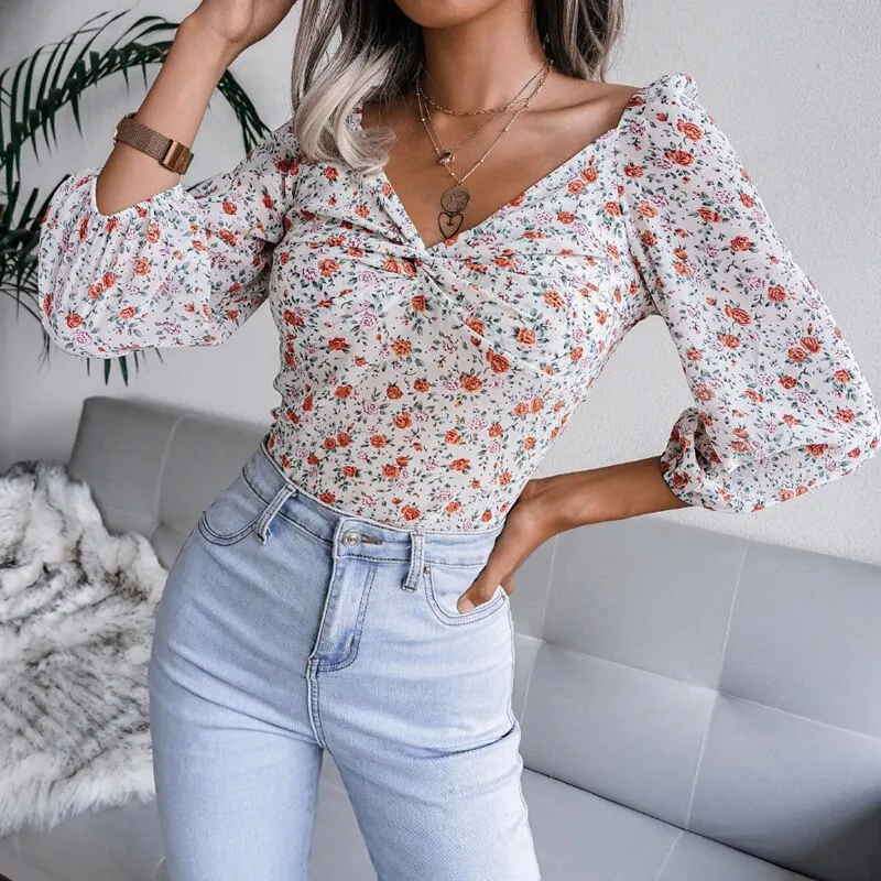 BerriesJam - 2024 V Neck Knotted Floral Chiffon Long Sleeve Blouse