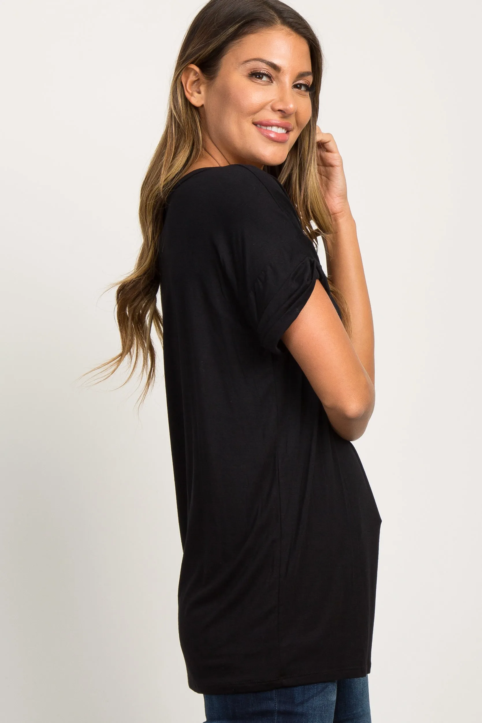 Black Basic V-Neck Pocket Top