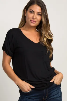 Black Basic V-Neck Pocket Top