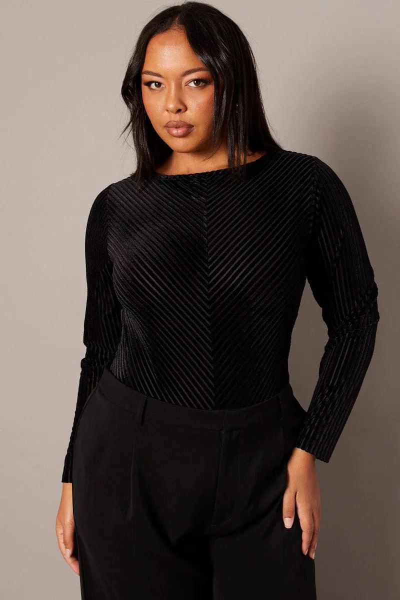 Black Bodysuit Long Sleeve Crew Neck Stripe