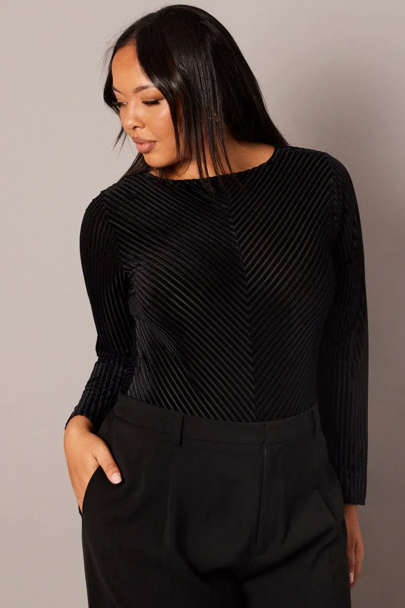 Black Bodysuit Long Sleeve Crew Neck Stripe