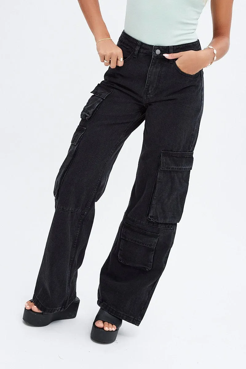 Black Cargo Jeans Multi Pocket