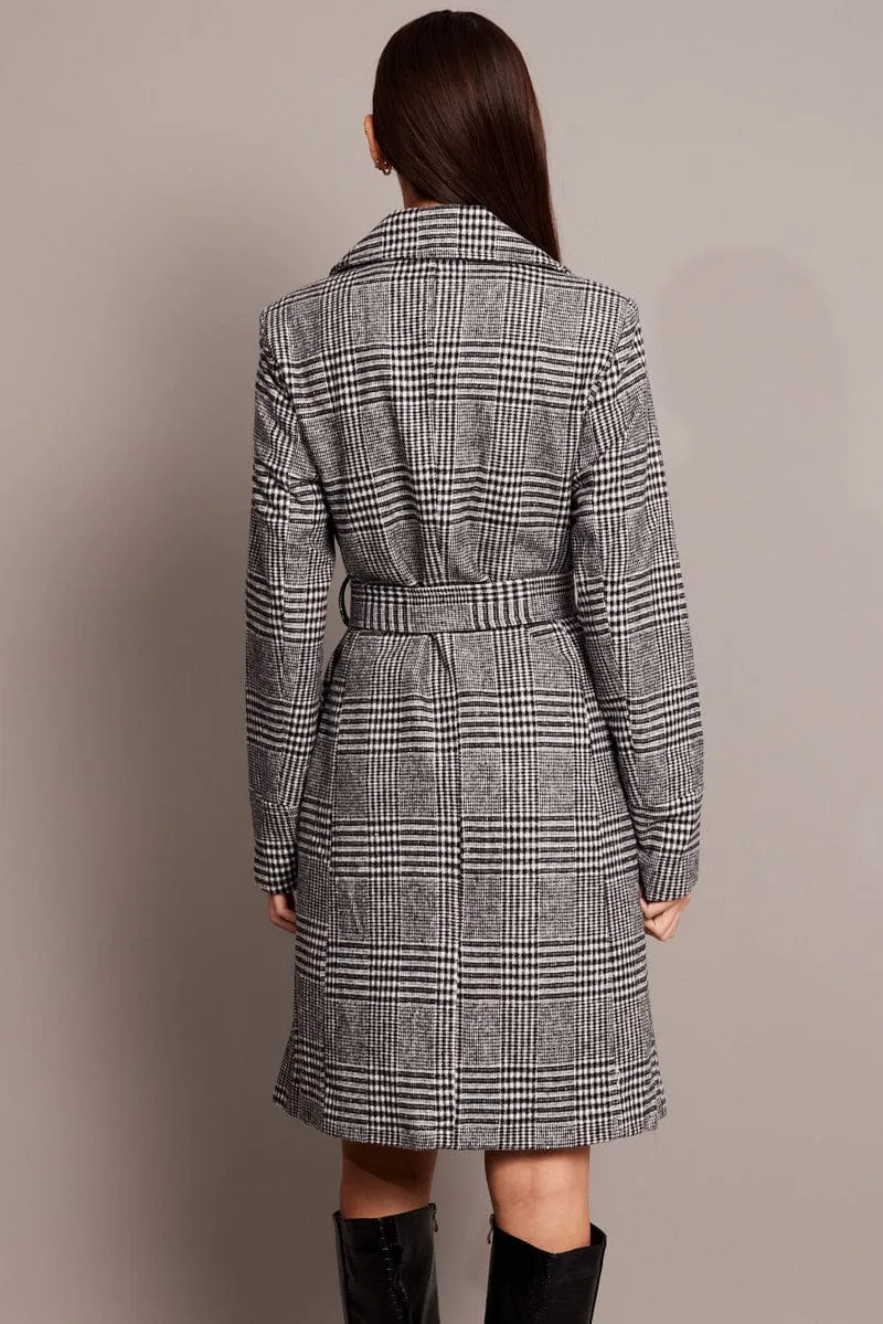 Black Check Tie Front Coat Knee Length