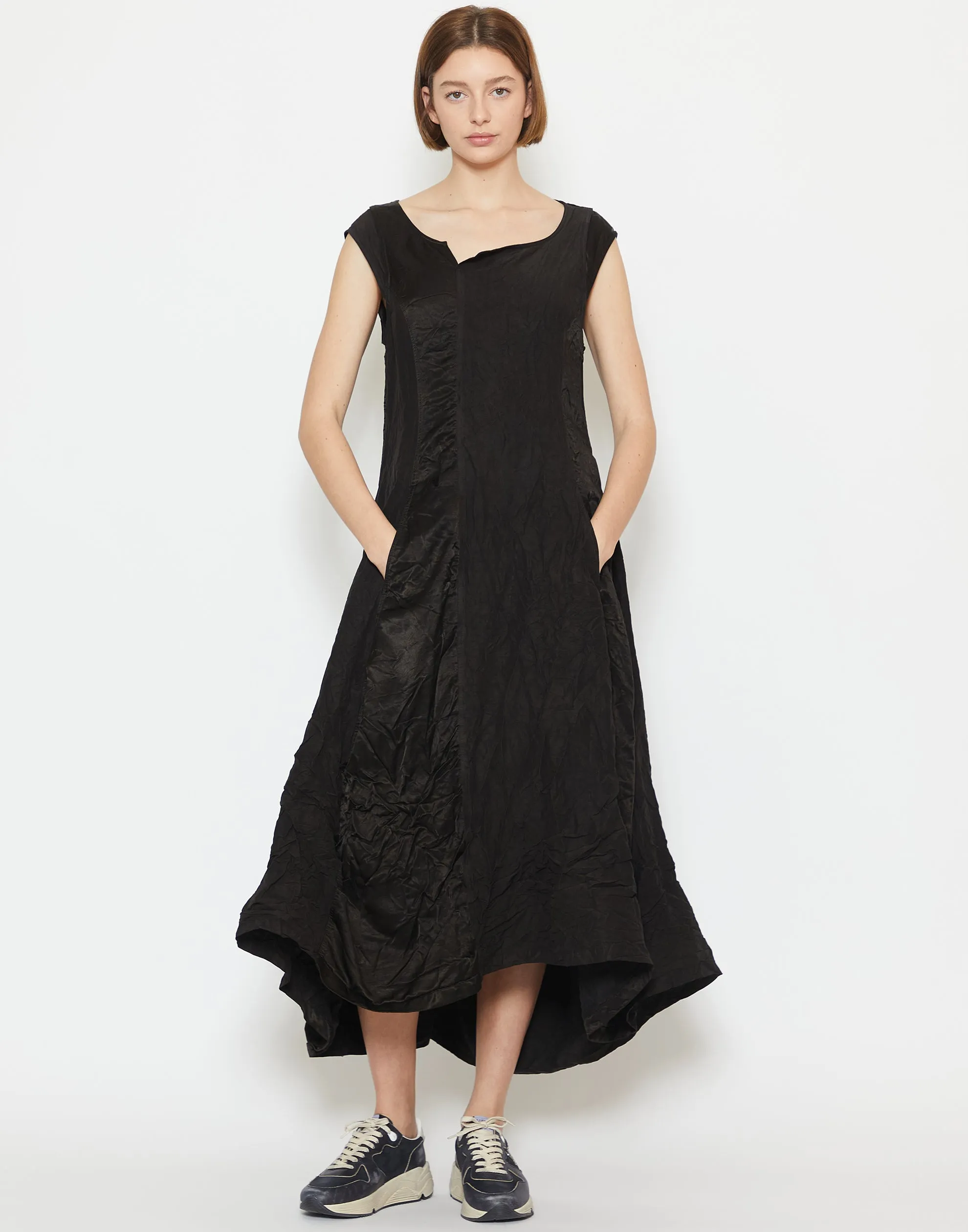 Black Linen & Cupro Panelled Dress