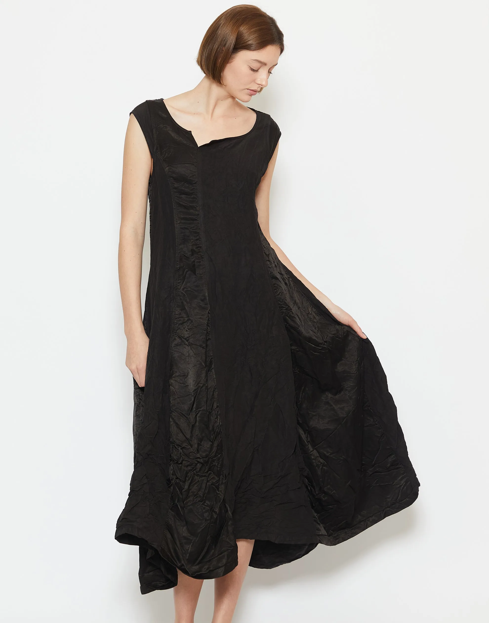 Black Linen & Cupro Panelled Dress