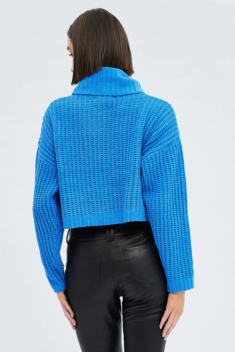 Blue Knit Jumper Turtle Neck Chenille