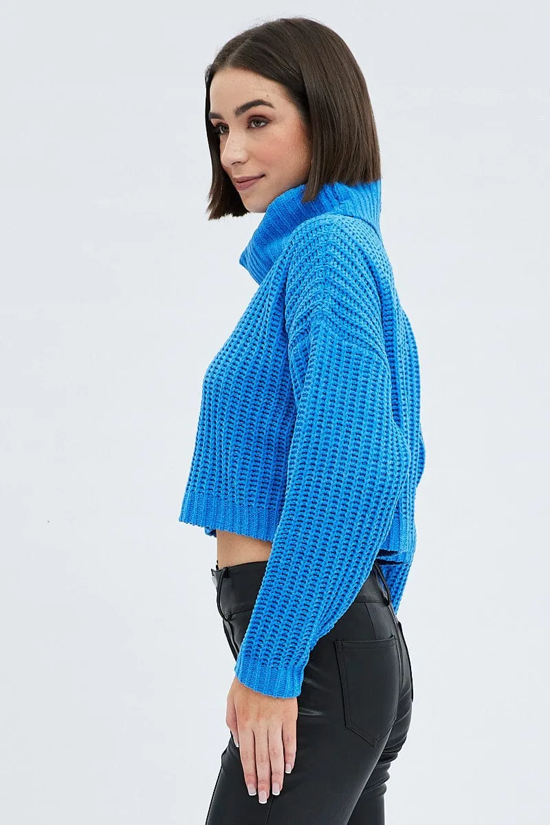 Blue Knit Jumper Turtle Neck Chenille