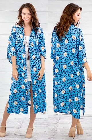 Blue Leopard, Daisy Flower print, Duster