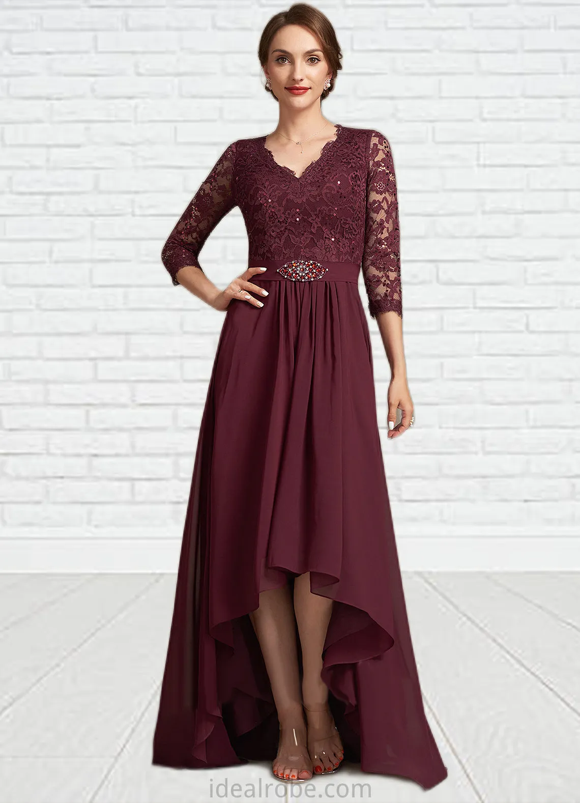 Brooklyn A-Line V-neck Asymmetrical Chiffon Lace Mother of the Bride Dress With Beading Sequins STK126P0014980